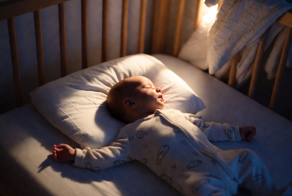 Schlafendes Baby liegt ruhig im Bett bei warmem Abendlicht